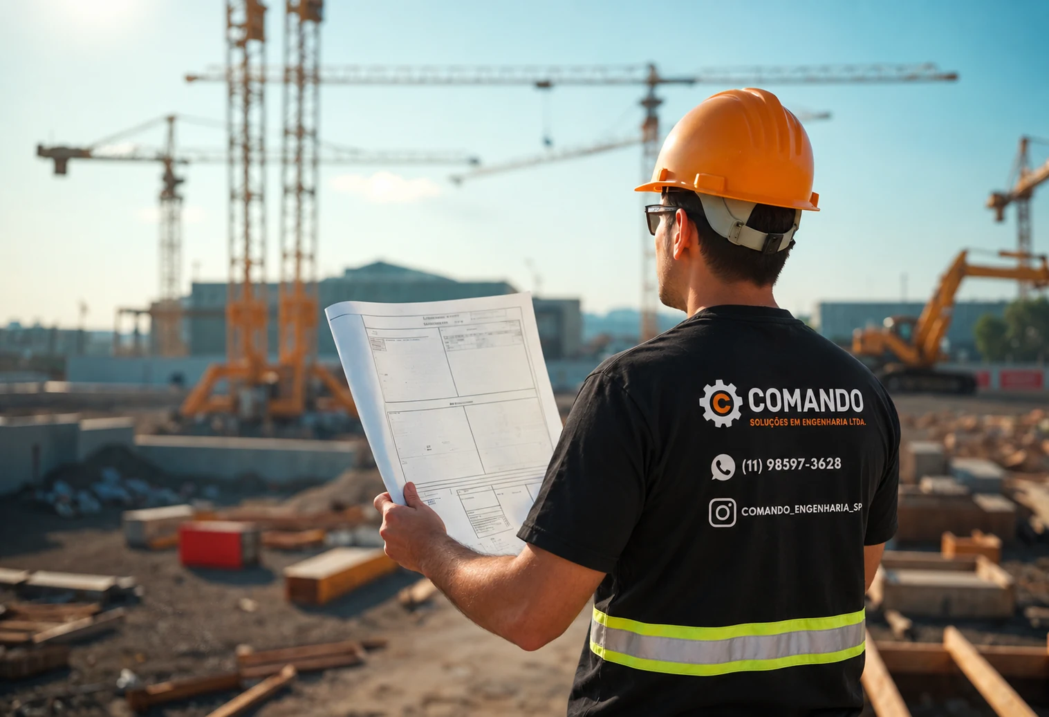Profissional com uniforme da Comando Engenharia analisando uma planta em uma obra