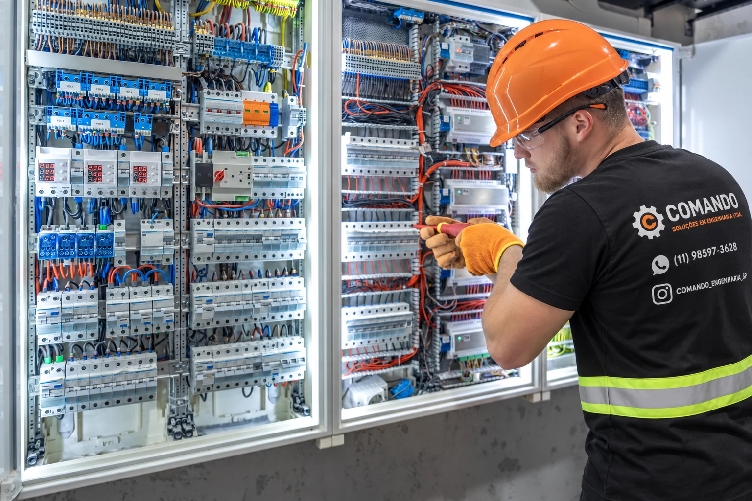 Profissional com uniforme da Comando realizando manutenção em um quadro elétrico