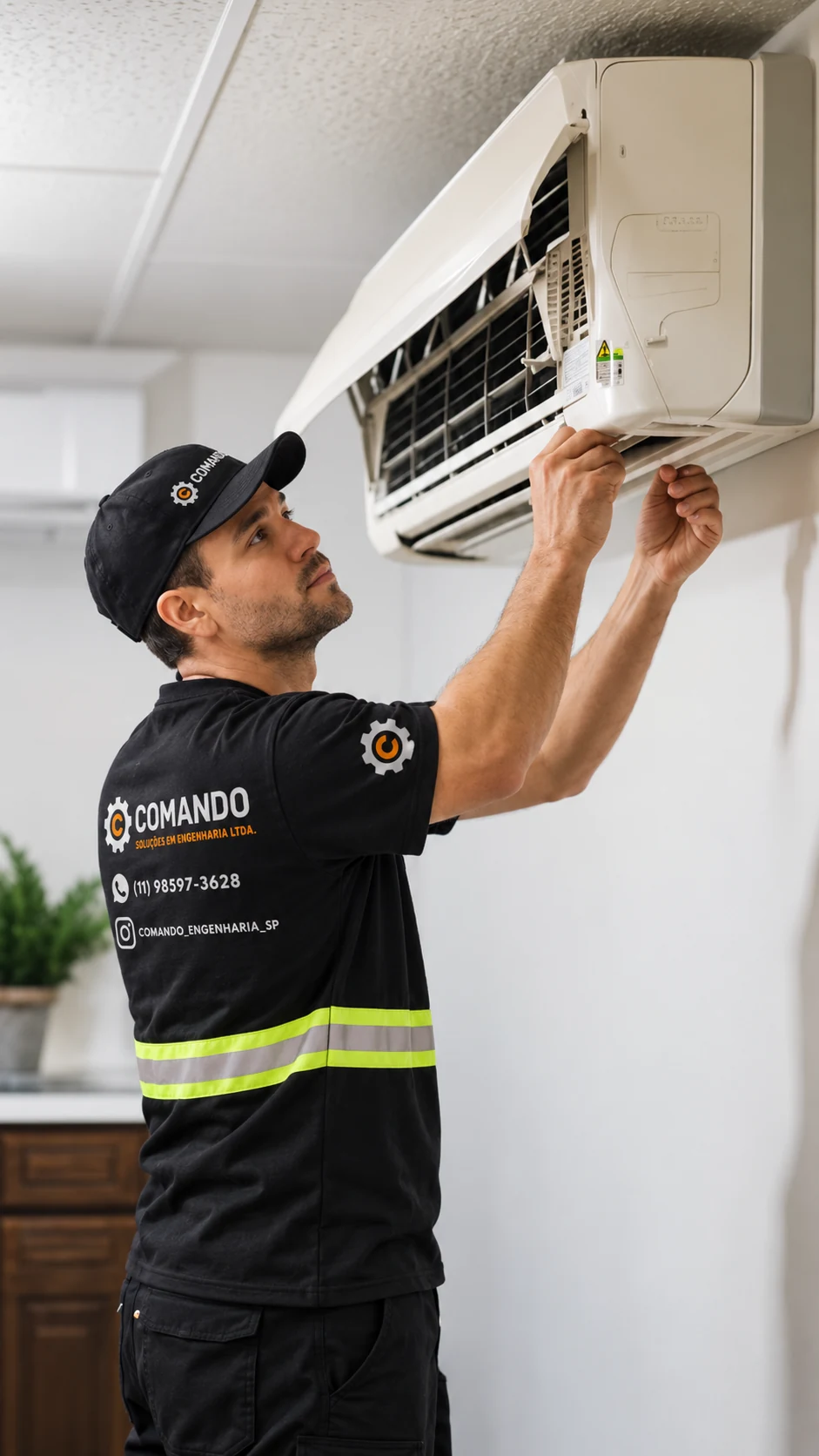 Profissional com uniforme da Comando realizando manutenção em um ar-condicionado