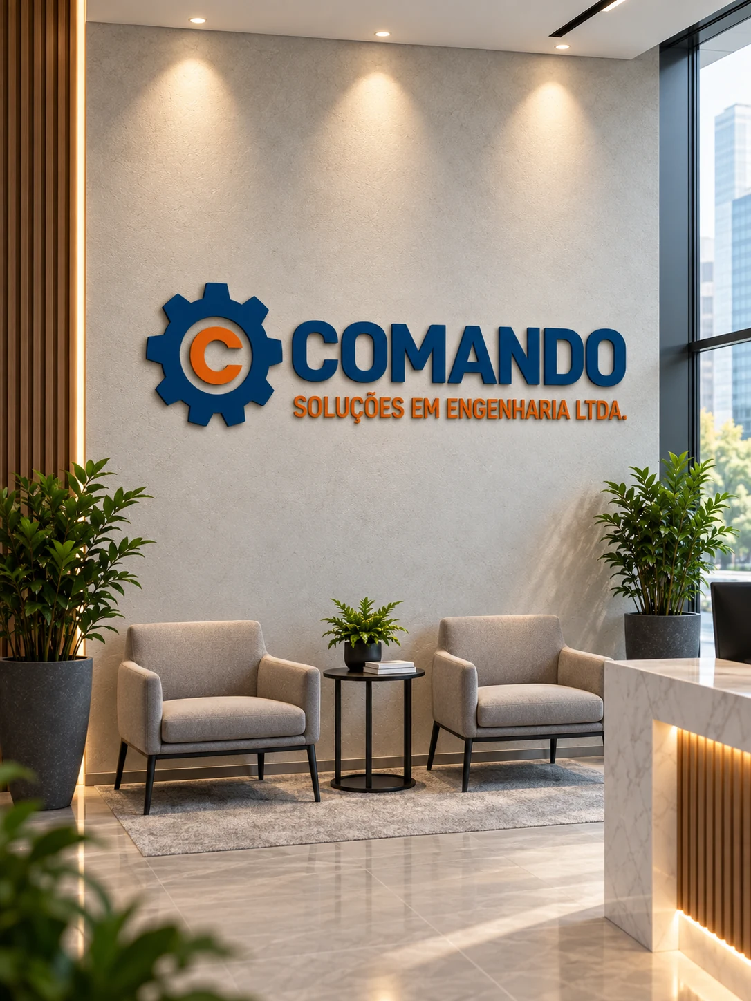 Ilustração de uma recepção corporativa com o logo da Comando Engenharia